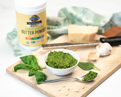 Spinach Basil Pesto on a cutting board