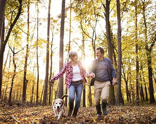 couple walking in the woods with a dog