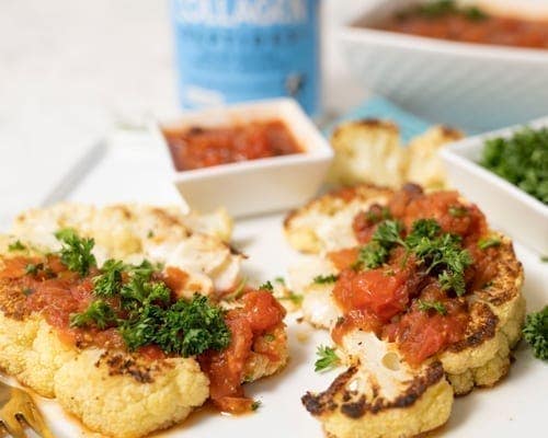 Cauliflower Steaks with Tomato Chutney and Grass Fed Collagen Peptides. Garden of Life Recipe Cauliflower Steaks with Tomato Chutney and Grass Fed Collagen Peptides. Garden of Life Recipe
