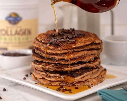 Chocolate pancakes with a boost of Collagen Protein sounds great to us. Gluten-Free, Dairy Free and Soy Free