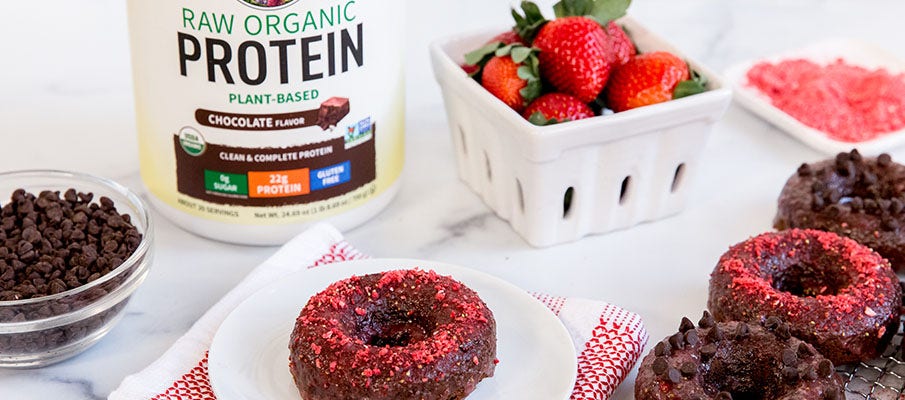 Baked Chocolate Protein Donuts with Strawberry Glaze 