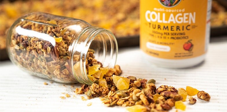 turmeric granola spilling out of mason jar